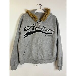 Aelfric Eden Grey Faux Fur Trim Zip Up Hoodie Sweatshirt Achieve Large